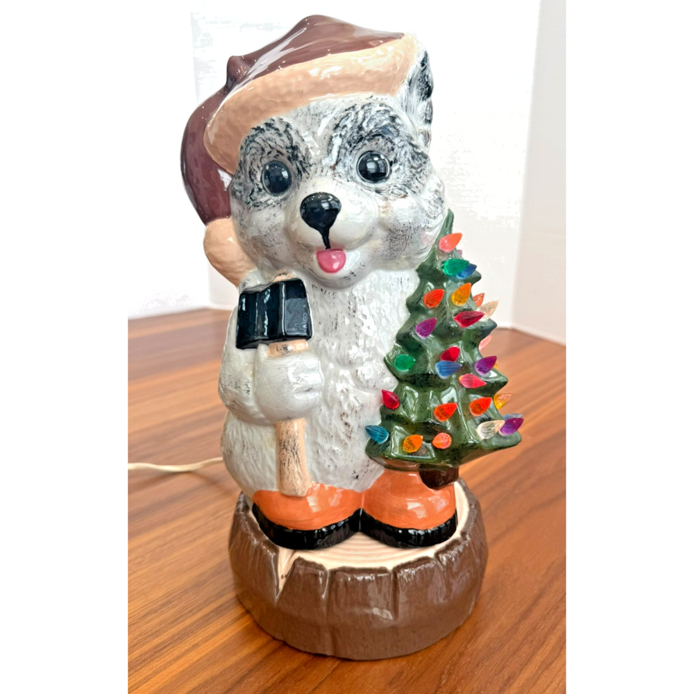 Vintage 70s Lighted Bell Ceramic Co Raccoon w/ Christmas Tree & Base 12.5” Bulbs